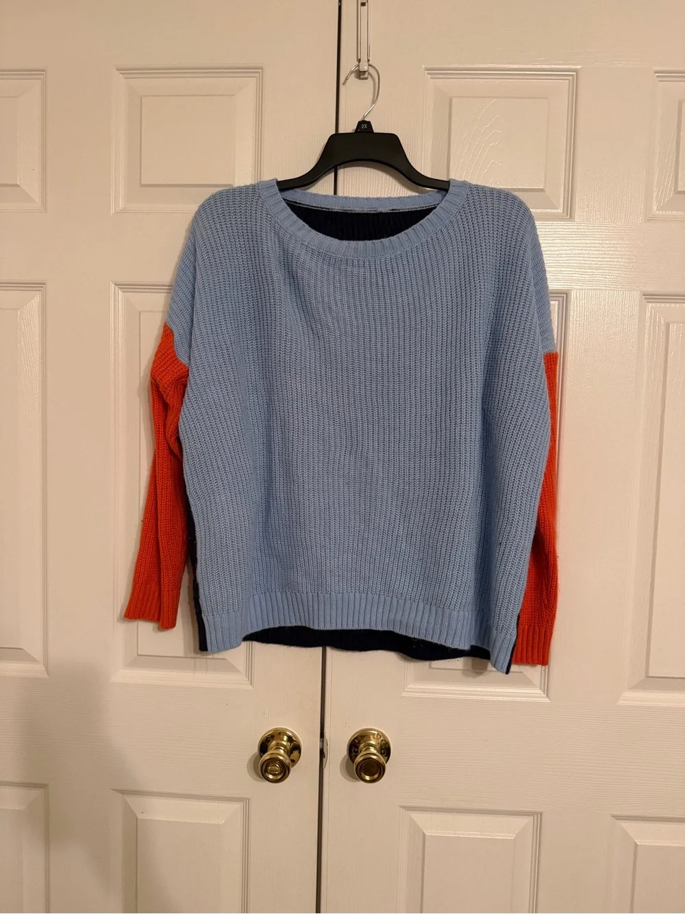 Colorblock Crewneck Sweater - Light Blue with Orange Sleeves